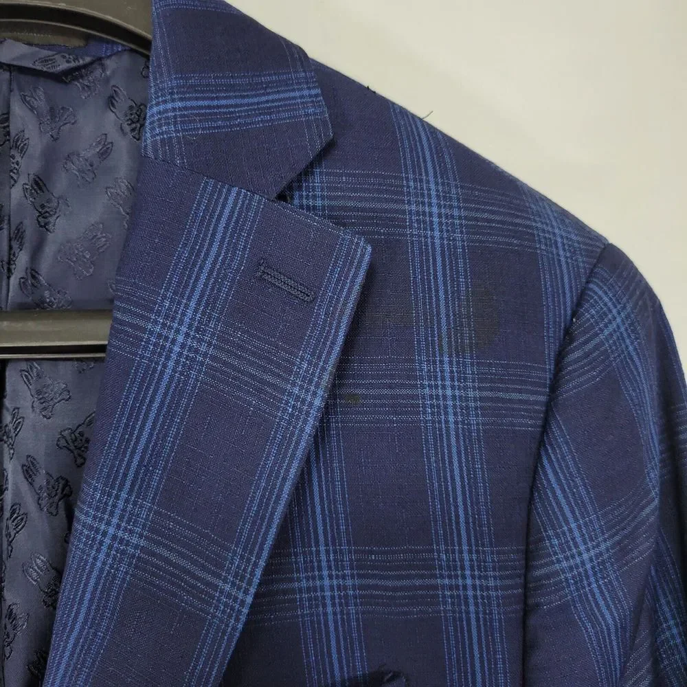 Psycho‎ Bunny Men's Sport Coat Blazer Two Button Navy Blue Plaid Wool Size 36S